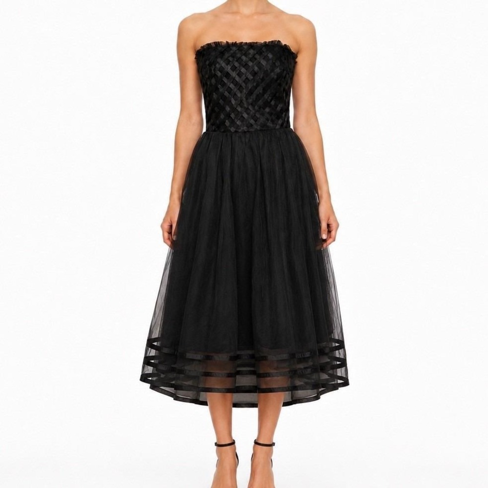 Vintage Laundry Shelli Segal 100% Silk Black Ribbon Tulle Formal Midi Dress Sz 8